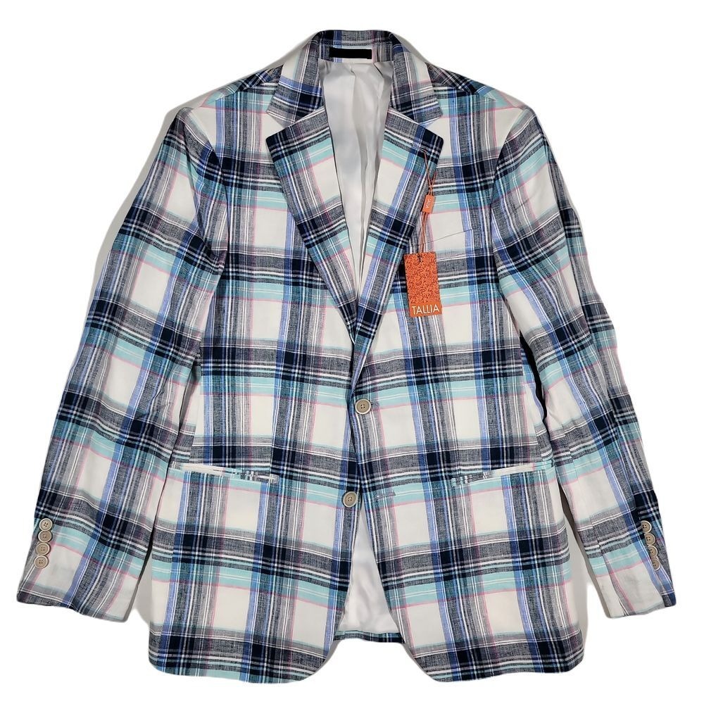 Tallia Slim-Fit Linen Blazer Mens 38R Blue Multi Plaid Vago Sport Coat‎ $295 NEW